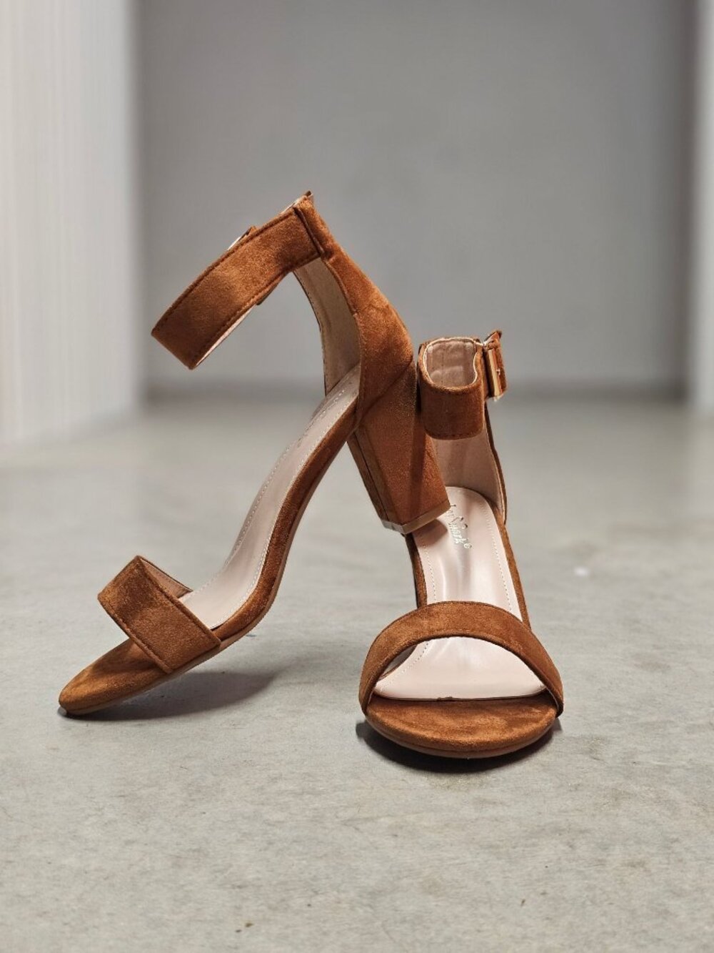 Tan Faux Suede Block Heel Sandals With Adjustable Ankle Strap Open Toe Design Wo - Picture 9 of 14